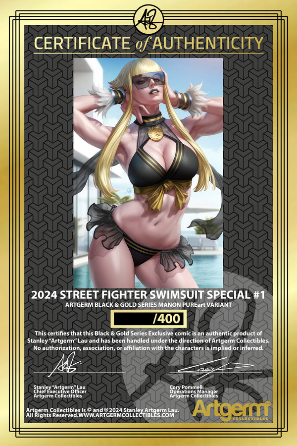 2024 STREET FIGHTER & FRIENDS SWIMSUIT SPECIAL #1 MANON BLACK & GOLD EXCLUSIVE CGC SS 9.8 WITH CUSTOM LABEL